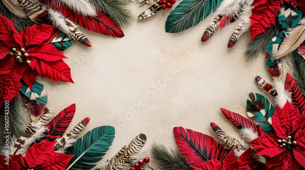 Fototapeta christmas background with red poinsettia and feather