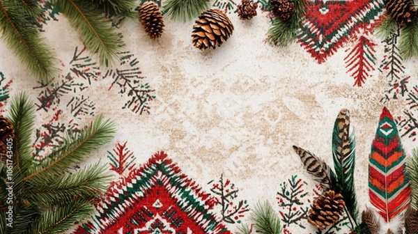 Obraz Native American geometric pattern tapestry on beige background with feather, pine and tree branches