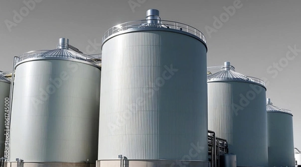 Fototapeta Description: A group of large, industrial storage tanks with smooth surfaces, used for holding various liquids, displaying a sleek, metallic design.