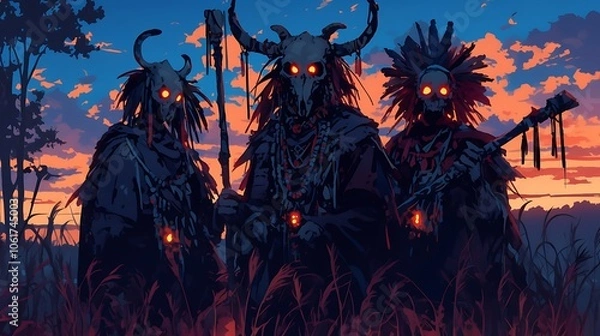 Fototapeta trio of scary shamans in a foggy swamp forest, their eyes glowing mysteriously in the dark with masks and horns, colorful anime style