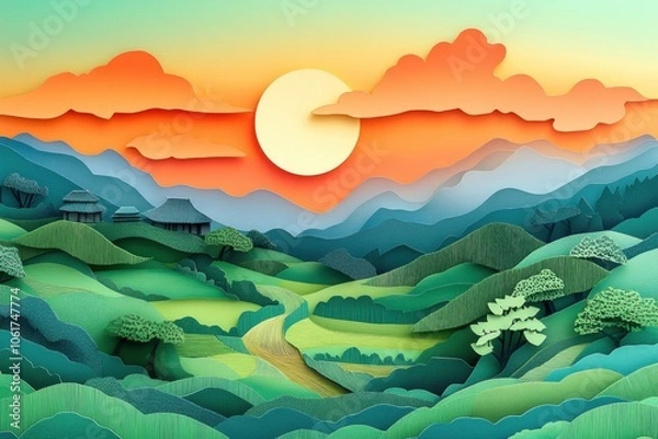 Fototapeta paper cut landscape, a detailed paper cut scene of a tranquil japanese countryside with hills, rice fields, and a colorful sky