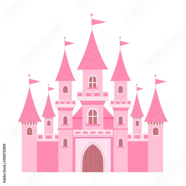 Obraz A pink castle with flags on top. The castle is very large and has many windows