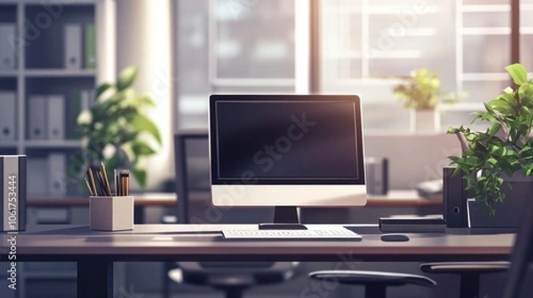 Fototapeta Blurry business office background with a modern desk setup, evoking a professional work environment