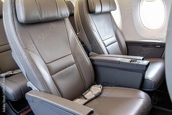 Fototapeta premium leather airplane seats in neutral gray, showing meticulous stitching detail and adjustable features