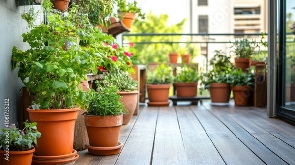 Fototapeta Beautiful terrace adorned with potted plants background