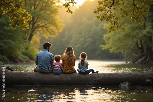 Fototapeta Family sitting on a log by a river enjoying nature