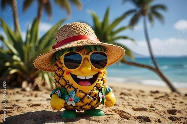 Fototapeta A cheerful cartoon pineapple on vacation, wearing a sunhat, sunglasses, and a Hawaiian shirt, holding a camera and map on a sandy beach with palm trees and clear blue ocean.