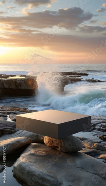 Fototapeta product display podium, sleek matte charcoal, a rocky coastal cliff during golden hour, Waves crash against the rocks, warm glow of the setting sun reflects off the water’s surface, ad, podium