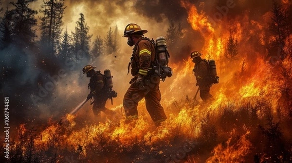 Fototapeta Firefighters battle a fierce wildfire in a dense forest during the afternoon hours near a remote area in California
