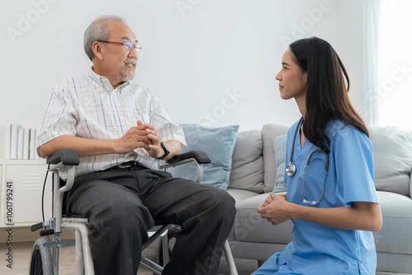Obraz Friendly nurse engaging in conversation with senior, providing emotional support and comfort. Dedicated health care professional enhancing elderly care and well-being.