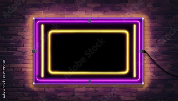 Fototapeta Neon color style Frame logo on the brick wall background with copy space, empty space.