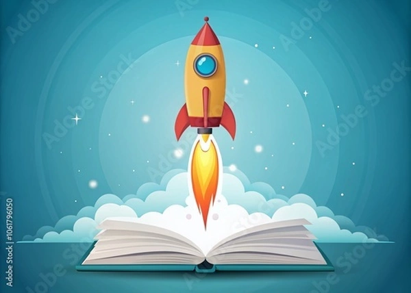 Fototapeta Minimalist Illustration of a Rocket Launching from an Open Book - Symbolizing Education and Knowledge, Inspiring Learning and Growth in a Creative Environment