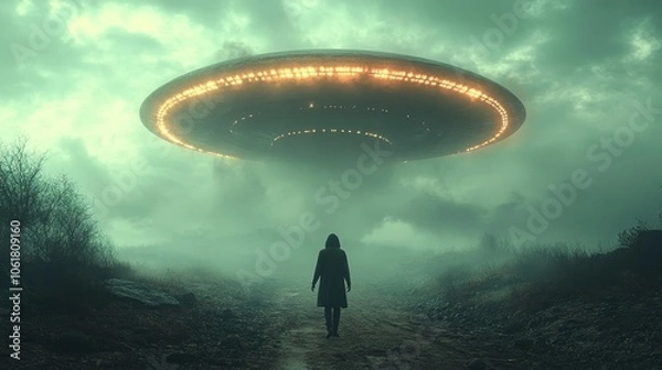 Fototapeta A person is walking through a foggy forest with a large, glowing UFO in the sky