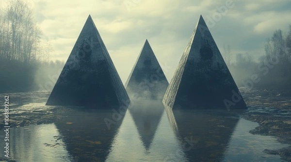 Fototapeta Three pyramids are reflected in the water