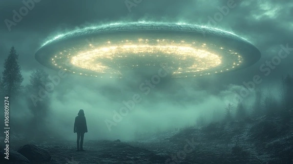 Fototapeta A person stands in front of a large, glowing, alien-like object