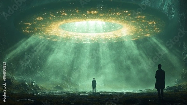 Fototapeta A man and a woman stand in front of a large green object in the sky