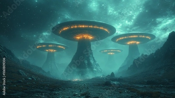 Fototapeta A group of three alien spaceships are hovering over a rocky landscape