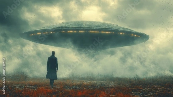 Fototapeta A man stands in a field looking up at a large, alien-like object in the sky