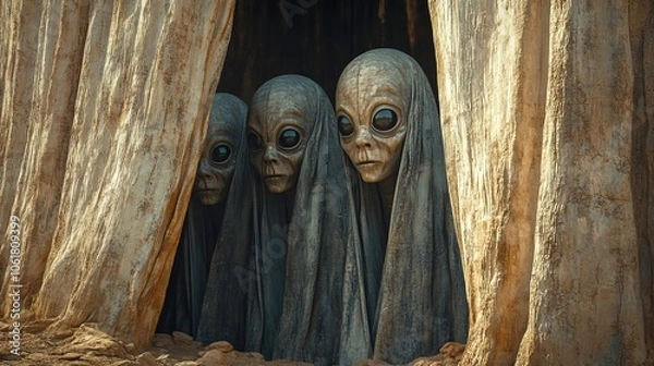 Fototapeta Three alien heads are peeking out from behind a curtain
