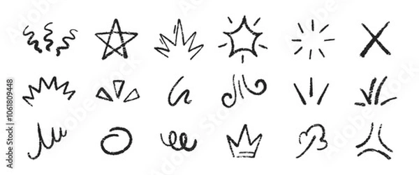 Obraz Line movement elements, star, wave with crayon, chalk and pastel texture. Doodle vector illustration.