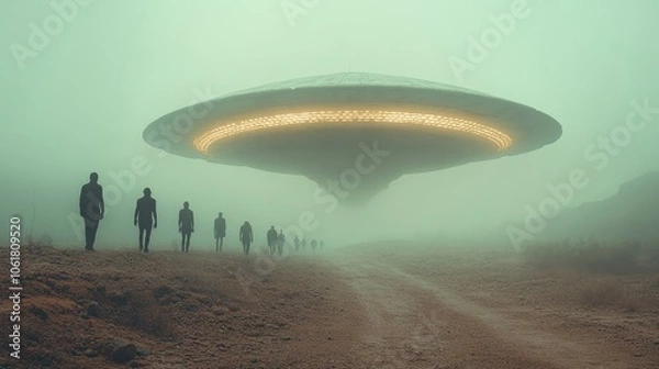 Fototapeta A group of people are walking on a dirt road in front of a large
