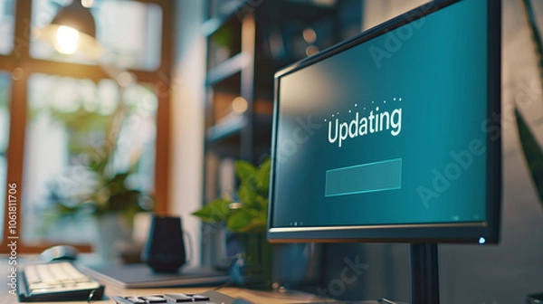Obraz Close-up of computer screen showing software update progress bar with "Updating" text, keyboard and mouse visible in blurred background, modern technology and digital transformation concept.