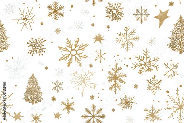 Fototapeta Golden snowflakes and stars create festive Christmas pattern on white background, evoking sense of holiday cheer and elegance