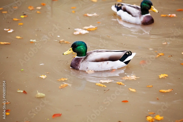 Obraz Two male mallard ducks on milky muddy water with autumn leaves floating 