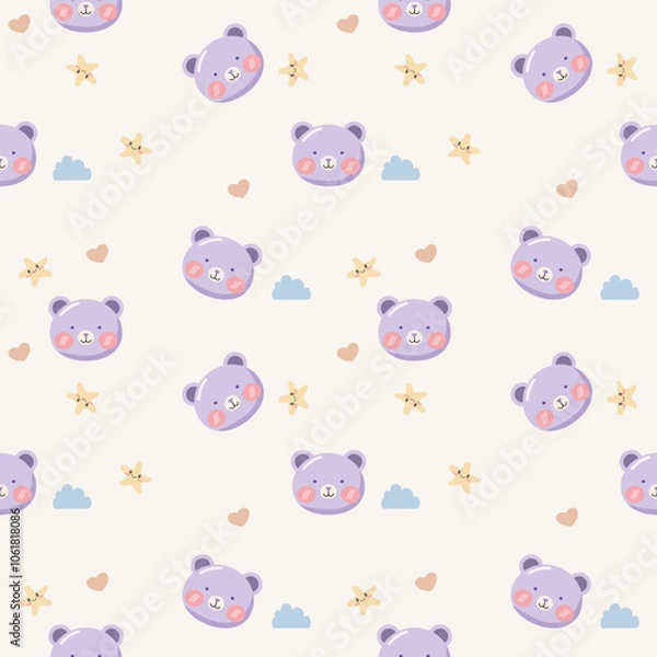 Fototapeta Bear face purple smile. Cartoon so cute. On star cloud heart background. Pattern seamless vector illustration.
