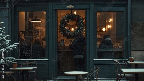 Fototapeta A large Christmas wreath hangs on the door outside of a coffee shop. Inside, holiday décor creates a warm and festive atmosphere as customers sip coffee, enjoying the seasonal new year ambiance