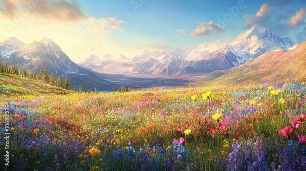 Fototapeta Breathtaking tundra panorama in Kotzebue showcases vibrant wildflowers and majestic mountains under a clear sky
