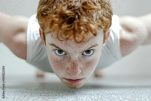 Fototapeta Intense workout session capturing a determined young boy doing push-ups indoors