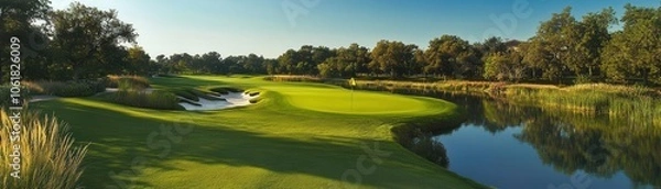 Fototapeta A serene, green golf course landscape with a calm river, surrounded by trees and natural light, perfect for relaxation and recreation.