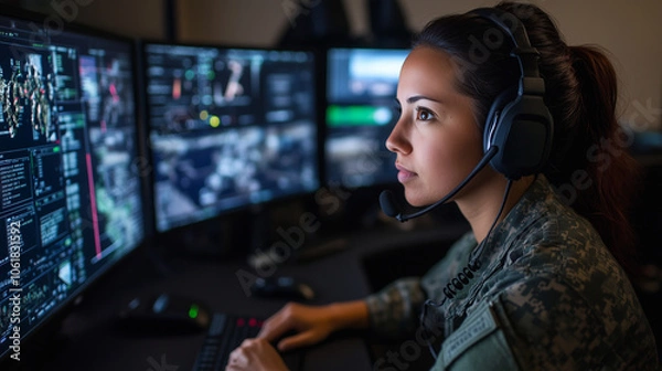 Fototapeta The woman officer, composed and strategic, monitors real-time military exercises on multiple screens, wearing her headset and adjusting controls to guide teams in various locations