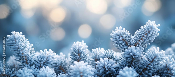 Fototapeta Spruce tree, Christmas tree close up, bokeh lights blue background. Merry Christmas and Happy Holidays greeting card, frame, banner. New Year. Noel. Winter xmas festive theme.