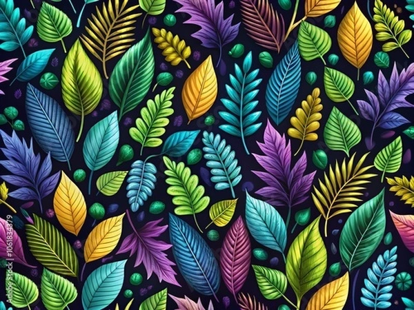Fototapeta Vivid Seamless Floral Pattern with Colorful Leaves on Black Background - Vibrant Vegetable Background for Creative Projects