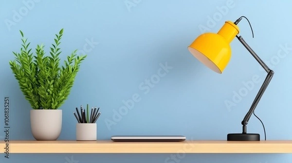 Fototapeta Minimalist Workspace with Yellow Lamp and Green Plant