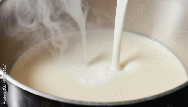 Fototapeta Close-up of milk heating in a saucepan with steam rising, showcasing creamy tones and metallic texture