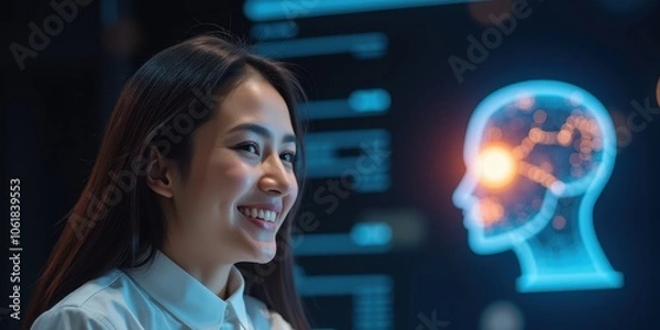 Fototapeta Smiling Woman in Virtual Space with AI Visualization