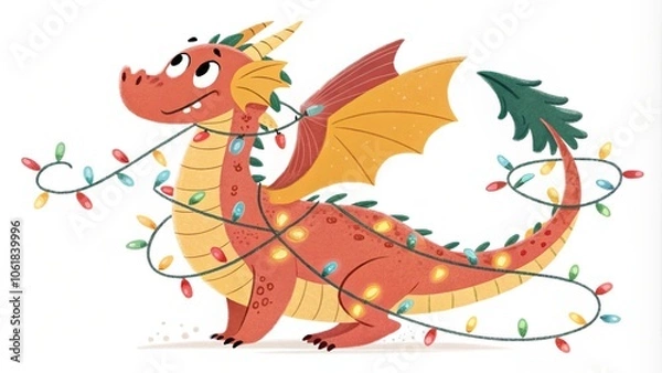 Obraz A whimsical, cartoon-style dragon wrapped in colorful lights, perfect for festive designs and creative projects.