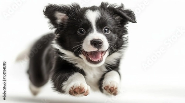 Fototapeta Playful Border Collie Puppy Running on White Background - Energetic and Adorable, Perfect for Pet and Animal Photography