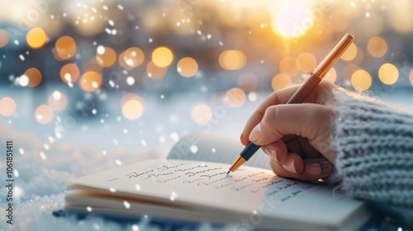 Fototapeta A cozy winter scene of a person writing in a notebook, surrounded by snow and sparkling lights, creating a warm, reflective atmosphere.