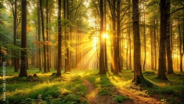 Obraz A tranquil forest bathed in golden light awaits the coming night with an air of mystery and intrigue, shadows, nocturnal