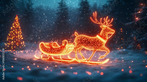 Fototapeta Magical illuminated reindeer pulling a sleigh through a snowy forest, perfect for festive holiday themes.