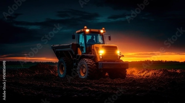 Fototapeta Tractor Working at Sunset