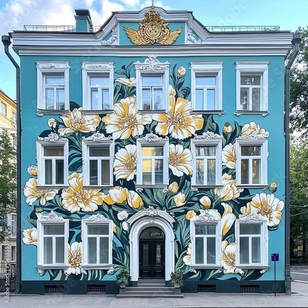 Obraz A 3 story building painted on the exterior with a floral pattern
