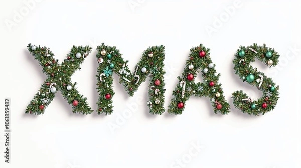 Obraz XMAS text in garland with Christmas ornaments