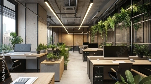Fototapeta Open-concept office interior featuring desks, computers, and abundant greenery, creating a fresh and eco-friendly workspace environment.
