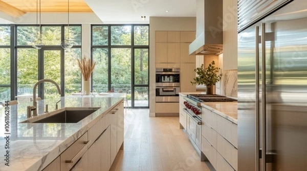 Fototapeta Modern luxury kitchen interior featuring light-colored cabinetry, glossy countertops, high-end kitchen appliances, and large fridge. Natural light complements the minimalist decor