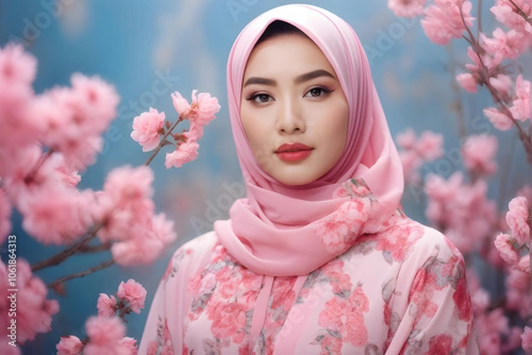 Fototapeta A woman wearing a pink hijab is standing in front of a pink tree